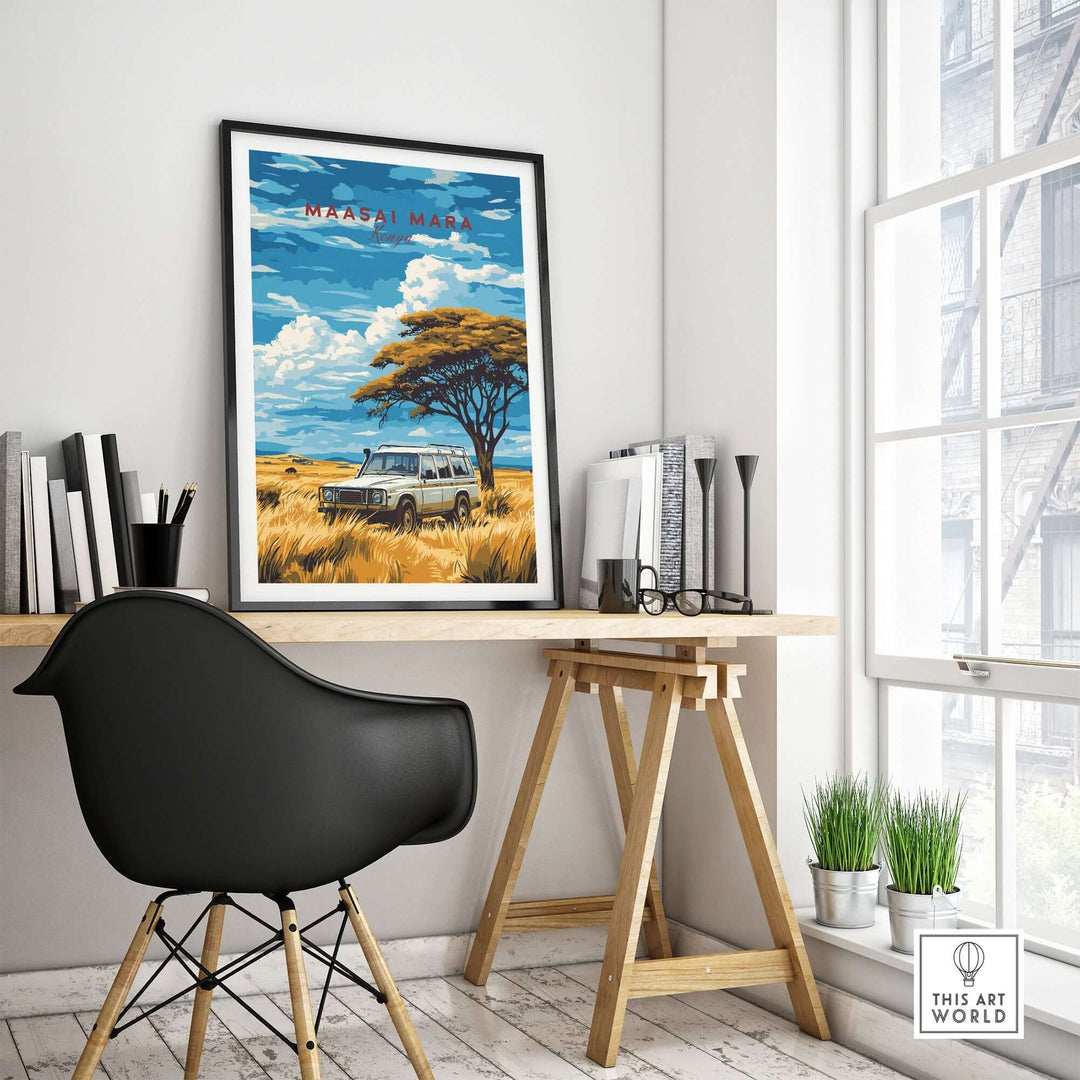 Vibrant Maasai Mara travel print showcasing a safari scene, framed and displayed in a modern workspace.