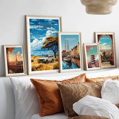 Maasai Mara Travel Print displayed with other travel prints in a stylish decor setting featuring framed artworks.