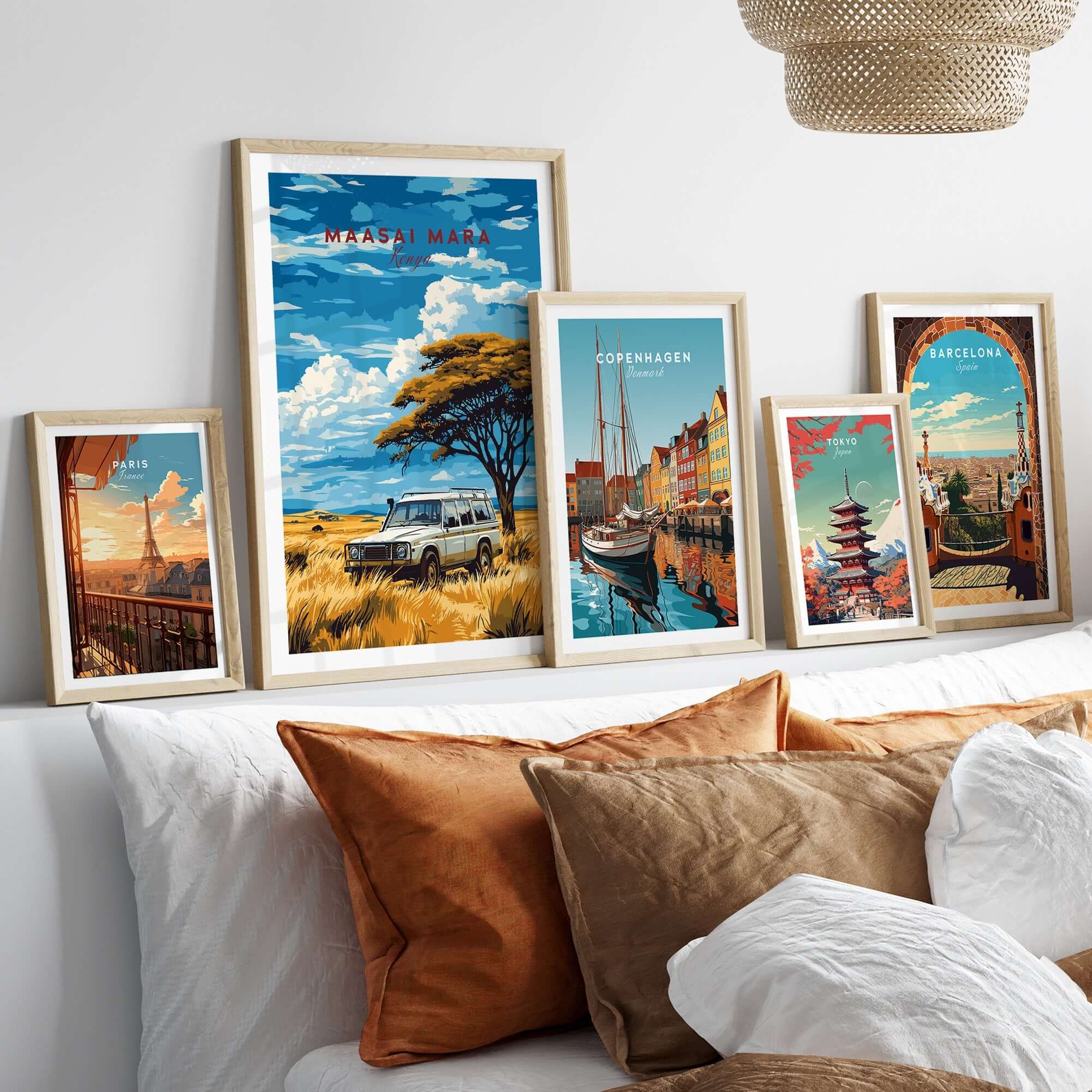 Maasai Mara Travel Print displayed with other travel prints in a stylish decor setting featuring framed artworks.