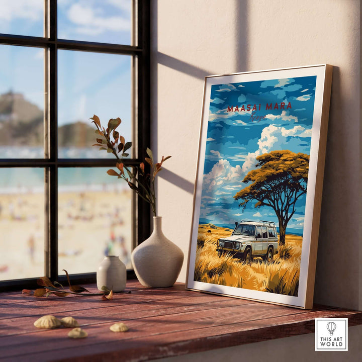 Maasai Mara Travel Print displayed indoors, featuring a safari vehicle and vibrant landscapes capturing African wilderness beauty.