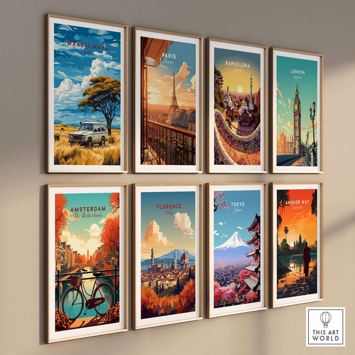 Colorful travel prints of iconic cities including Maasai Mara, Paris, and Tokyo displayed in stylish frames.