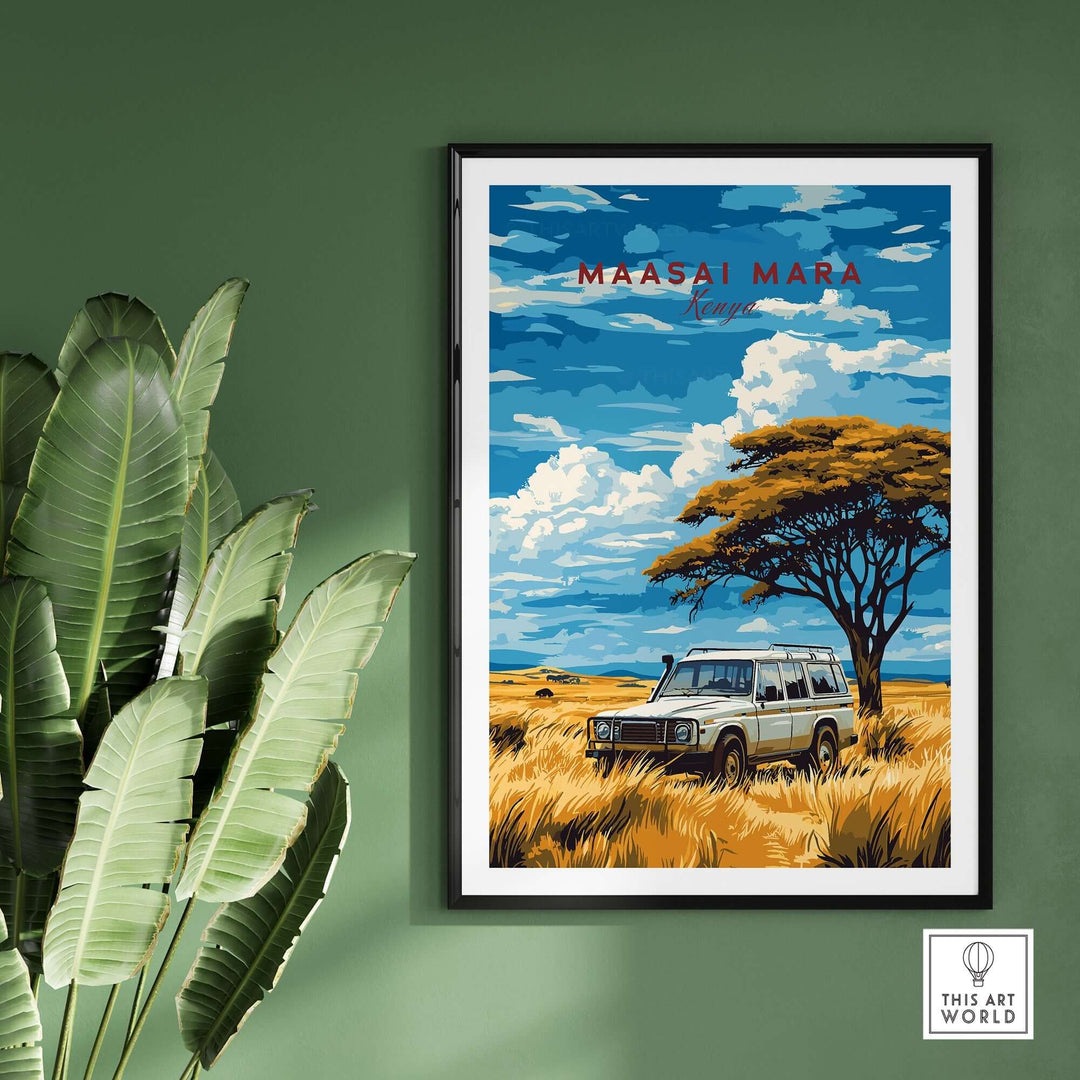 Maasai Mara travel print featuring a safari vehicle under a striking blue sky and acacia tree on a vibrant landscape.