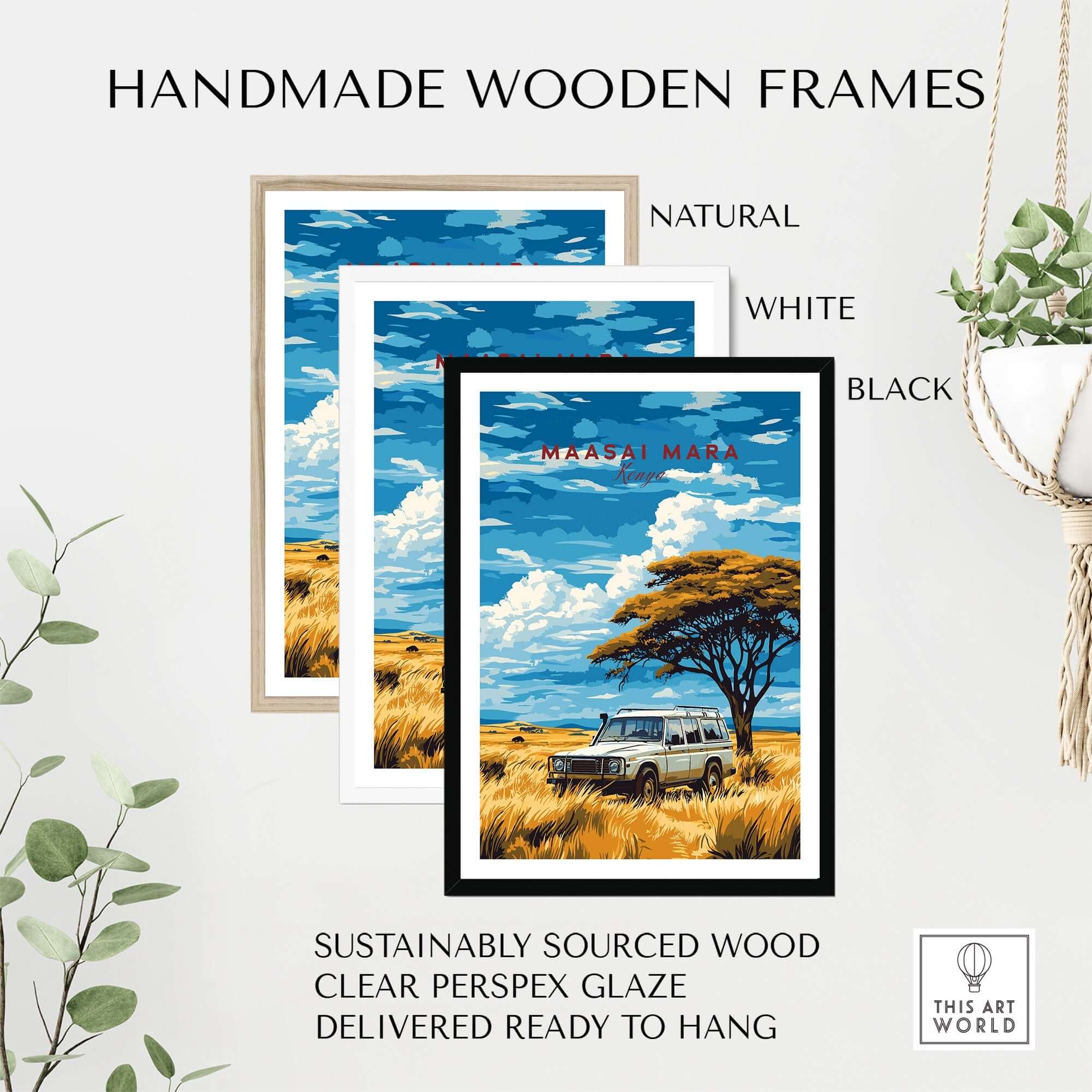 Maasai Mara Travel Print displayed in handmade wooden frames in natural, white, and black colors.