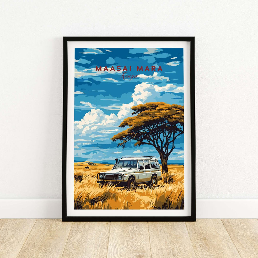 Maasai Mara travel print featuring a safari vehicle and acacia tree in a vibrant landscape with blue skies.