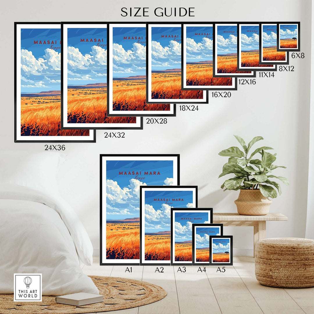 Maasai Mara wall art size guide showing various frame sizes and vibrant design options for home decor.