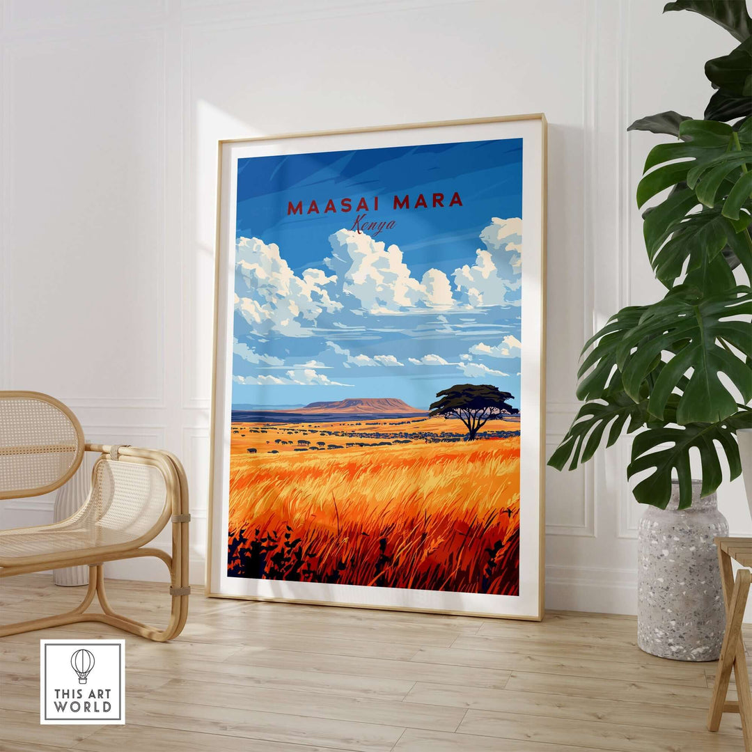 Maasai Mara wall art print featuring vibrant colors and a scenic savannah landscape, perfect for home decor.