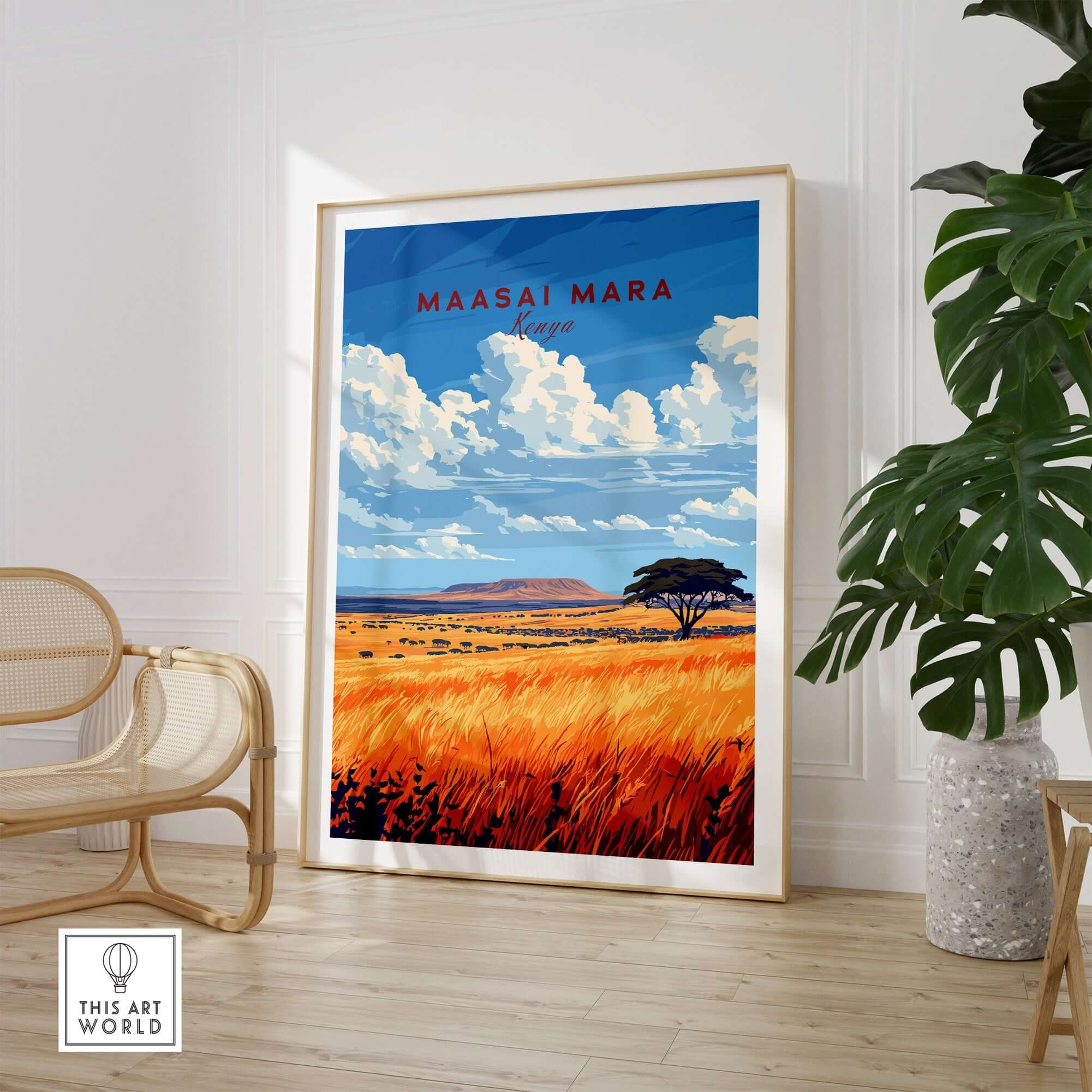 Maasai Mara Wall Art print showcasing vibrant colors and African savannah scenery in a cozy interior setting.