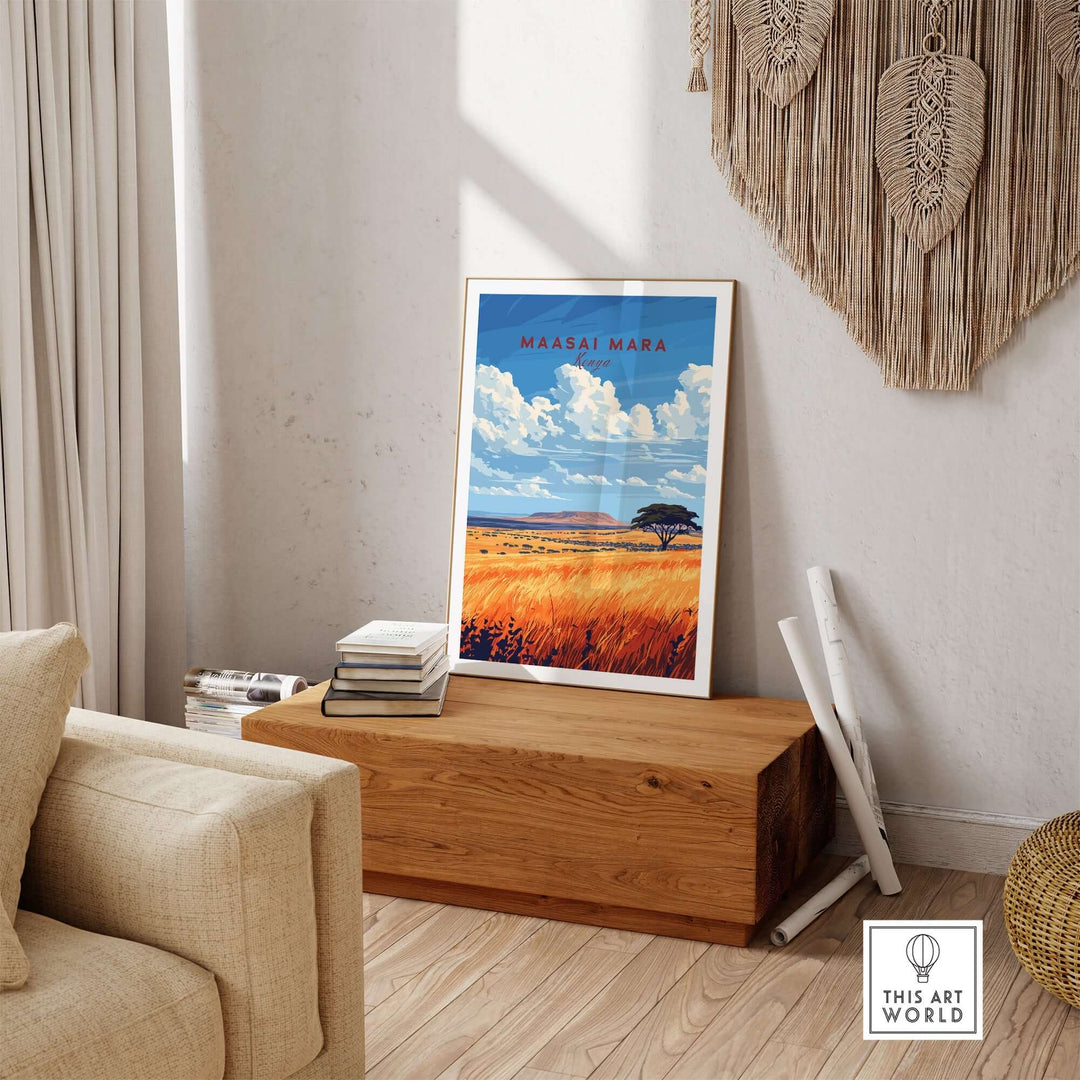 Vibrant Maasai Mara wall art print displayed in a stylish living room, showcasing savannah scenery and bright colors.