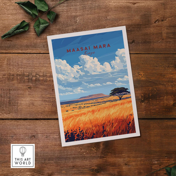 Maasai Mara wall art print featuring vibrant colors and a scenic view of the African savannah in Kenya.