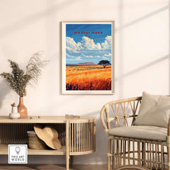 Maasai Mara Wall Art framed print featuring vibrant colors and African landscape, decor for animal lovers.