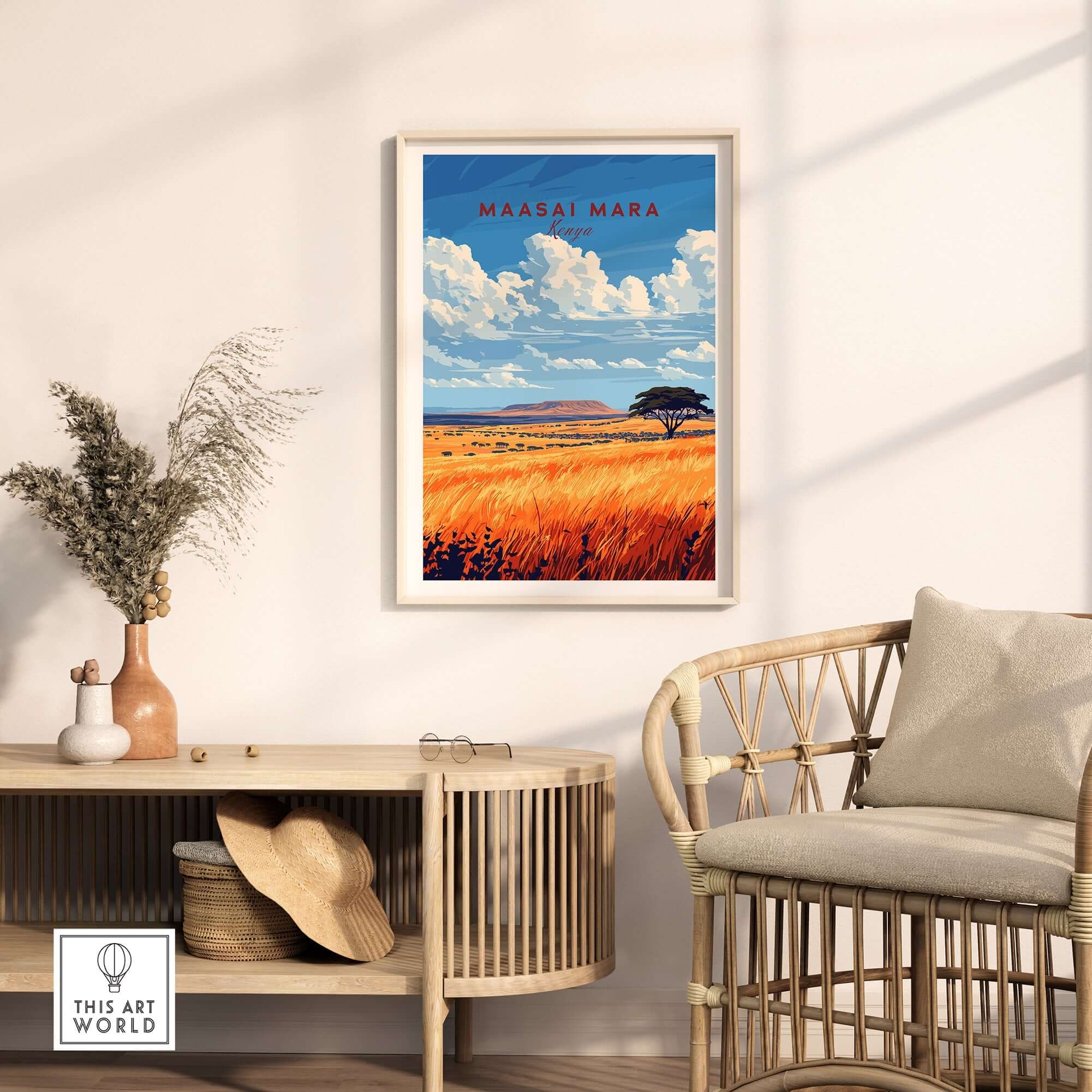 Maasai Mara Wall Art framed print featuring vibrant colors and African landscape, decor for animal lovers.