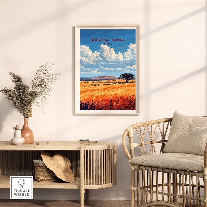 Maasai Mara wall art print displayed in a modern living room with vibrant colors and stunning savannah scenery.