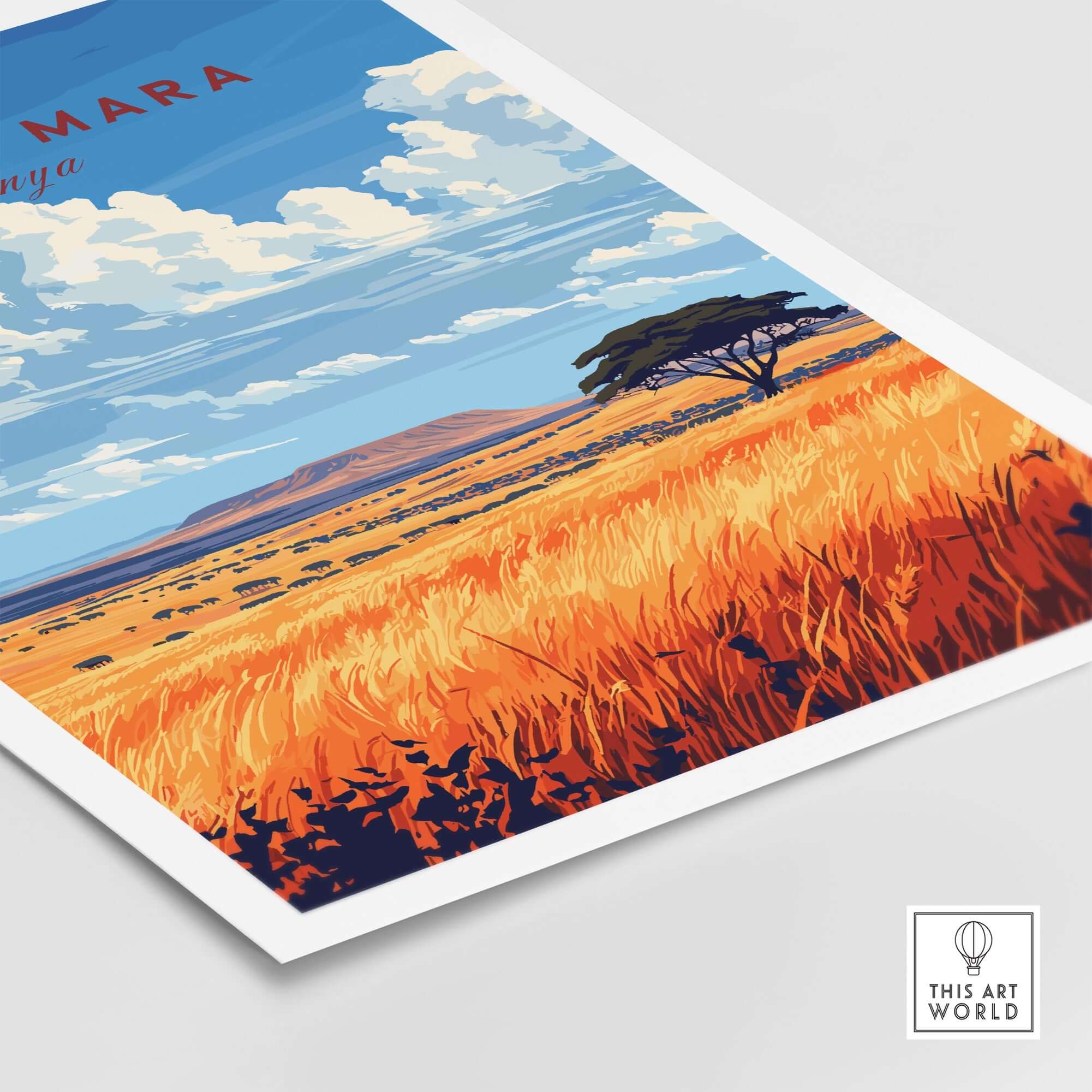 Maasai Mara Wall Art featuring vibrant colors and intricate details of the African savannah landscape.
