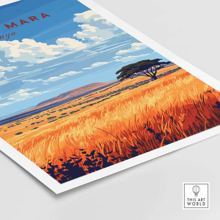 Vibrant Maasai Mara wall art print showcasing golden savannah grass and blue skies, perfect for nature lovers and home decor.