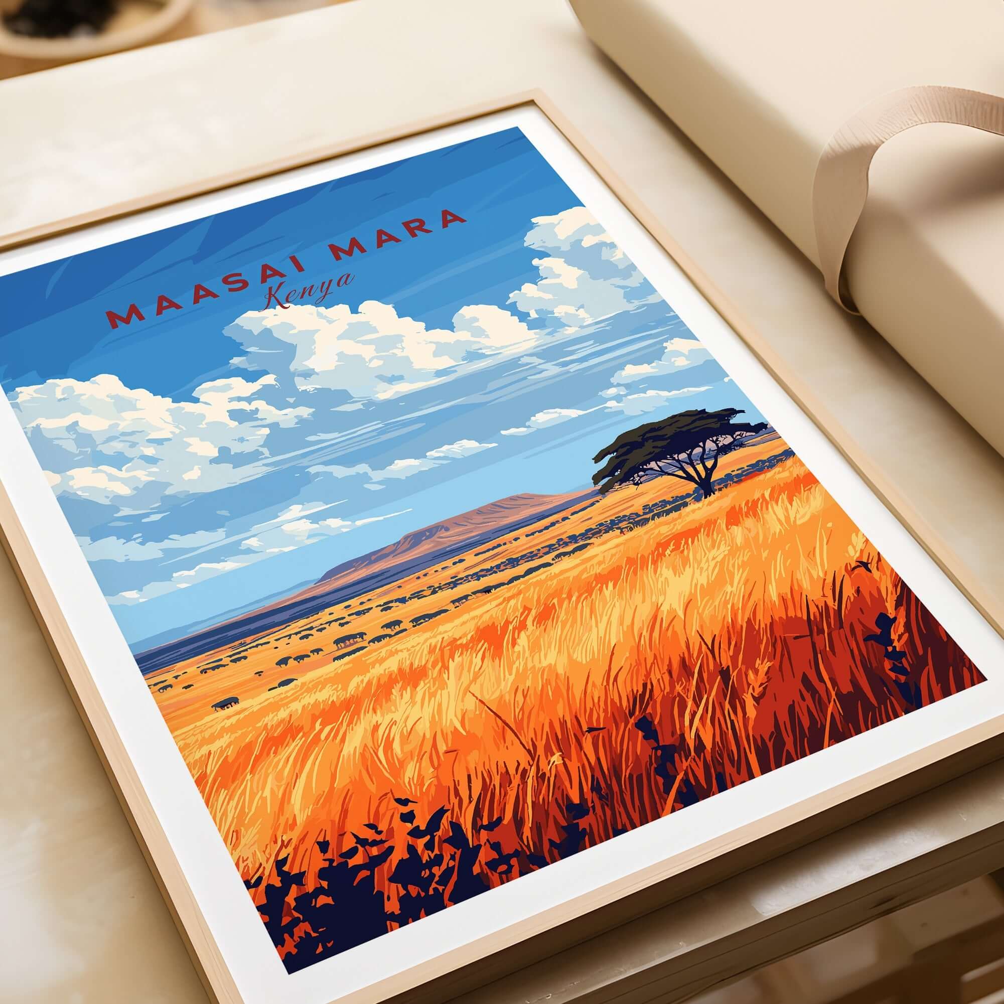 Maasai Mara Wall Art showcasing vibrant African savannah colors and scenery in a framed print.