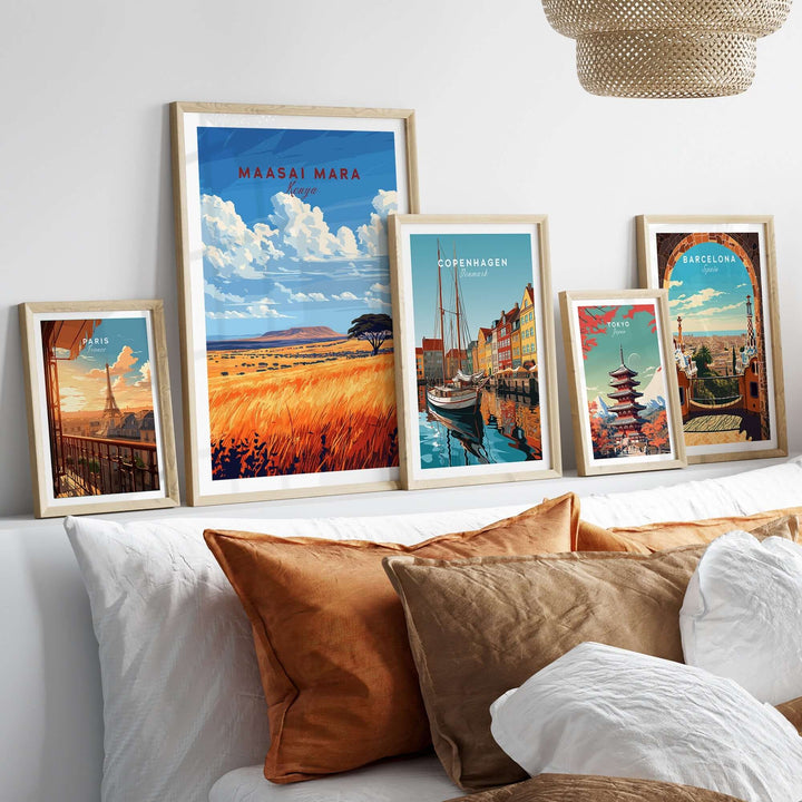 Maasai Mara wall art surrounded by framed travel posters on a cozy sofa, showcasing vibrant colors and safari-inspired design.