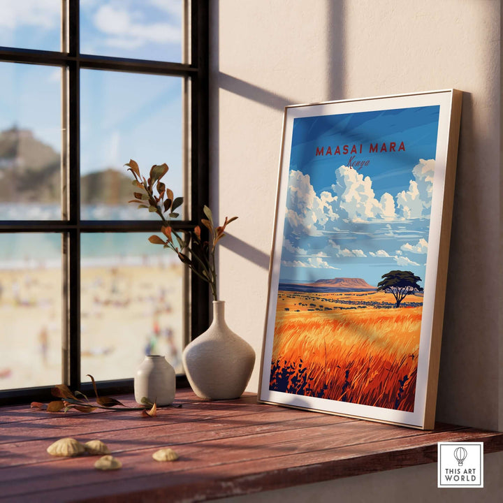 Maasai Mara wall art print on a windowsill, showcasing vibrant colors and majestic savannah scenery. Perfect for any decor.