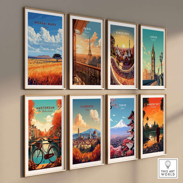 Maasai Mara wall art print among various city prints creating a vibrant gallery wall display.