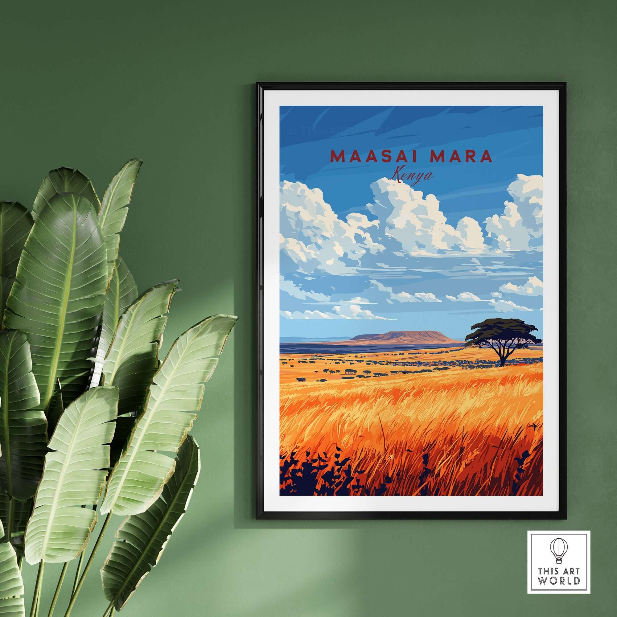 Maasai Mara Wall Art showcasing vibrant colors of the African savannah with scenic clouds and landscapes.