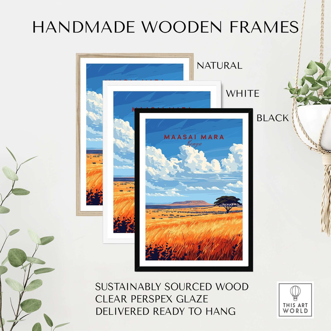 Handmade wooden frames in natural, white, and black for Maasai Mara wall art, sustainably sourced and ready to hang.