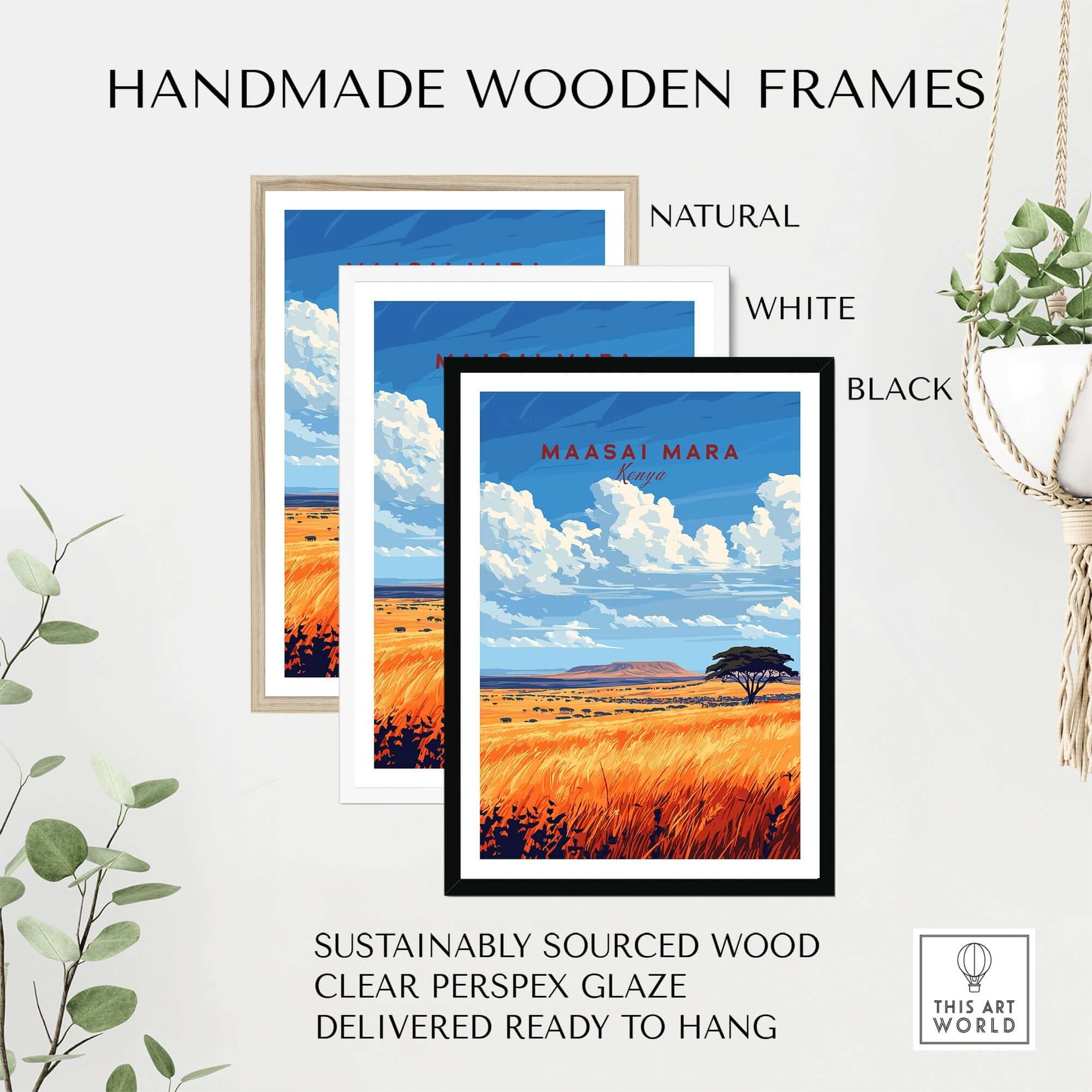 Maasai Mara Wall Art displayed in three handmade wooden frames; natural, white, and black, emphasizing sustainable design.