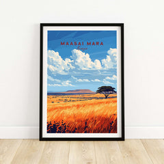 Maasai Mara Wall Art framed print showcasing vibrant Kenyan savannah landscape with blue skies and golden grass.