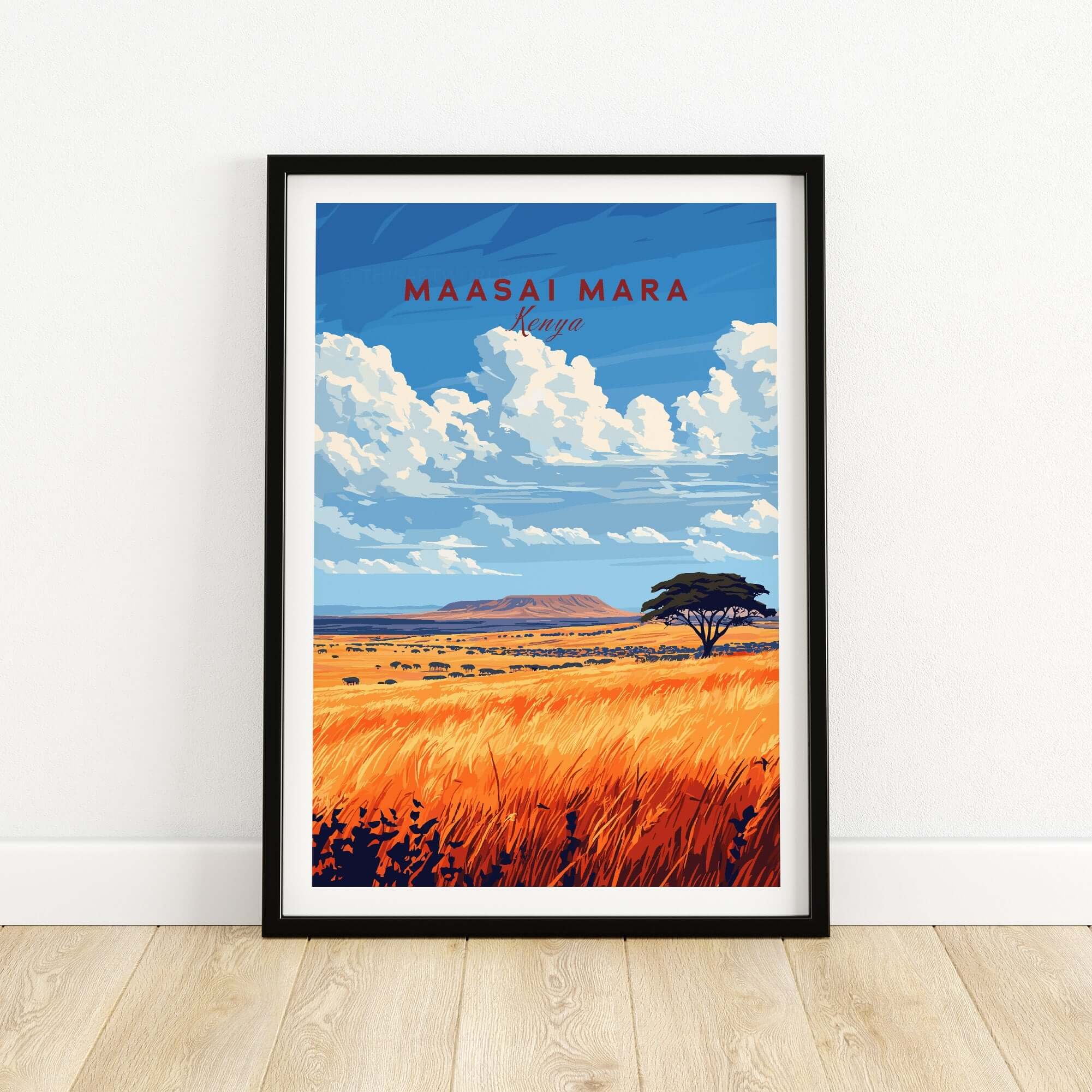 Maasai Mara Wall Art framed print showcasing vibrant Kenyan savannah landscape with blue skies and golden grass.