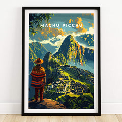 Machu Picchu Poster featuring vibrant artwork of the iconic Incan city with a traveler overlooking the stunning landscape.