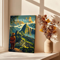 Machu Picchu Poster featuring stunning artwork of the iconic landmark and a traveler admiring the view.