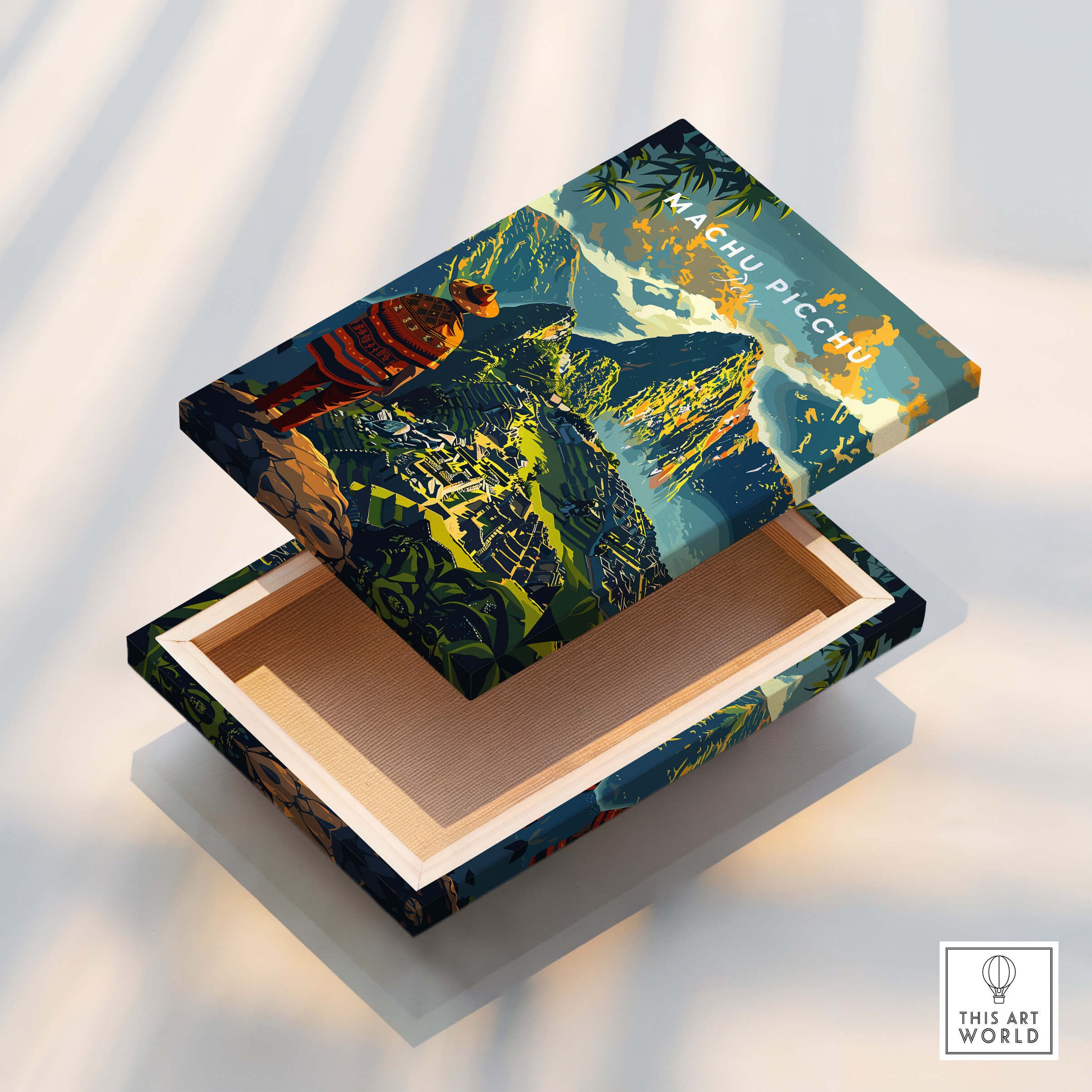 Machu Picchu Poster beautifully illustrated on an open box showing scenic landscape and Inca figure.