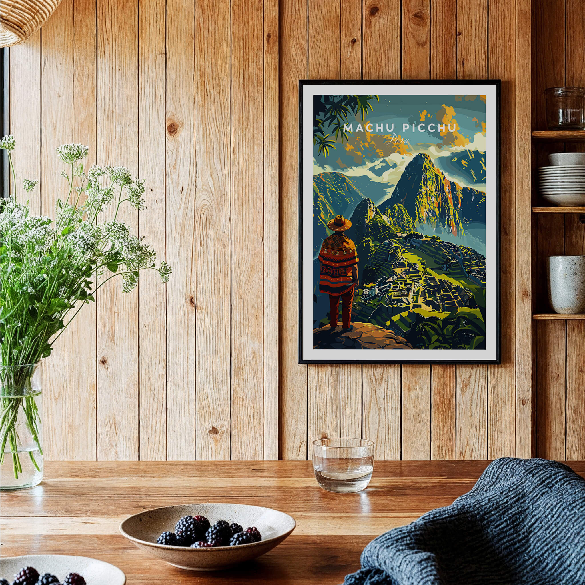 Machu Picchu Poster featuring stunning artwork of the landmark on a wooden wall with a rustic decor.