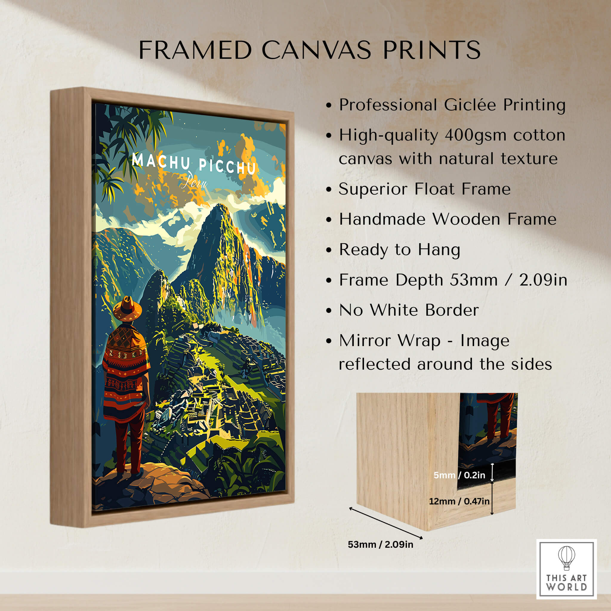 Framed Machu Picchu Poster featuring vibrant artwork and handmade wooden frame for wall decor.