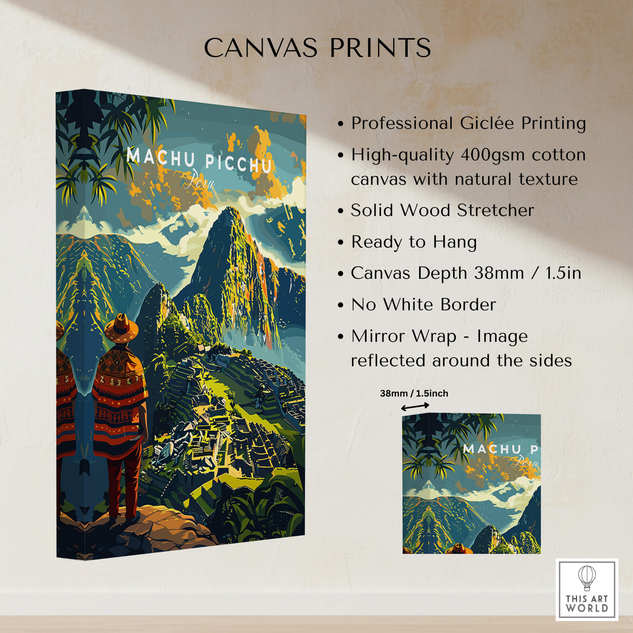 Machu Picchu Poster featuring vibrant Giclée printing on high-quality canvas showcasing the iconic landmark.