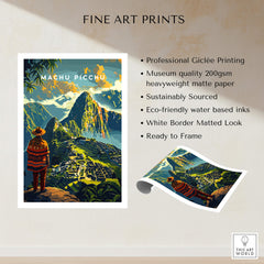 Machu Picchu Poster showcasing a traveler overlooking the iconic landmark with vibrant colors and rich details.