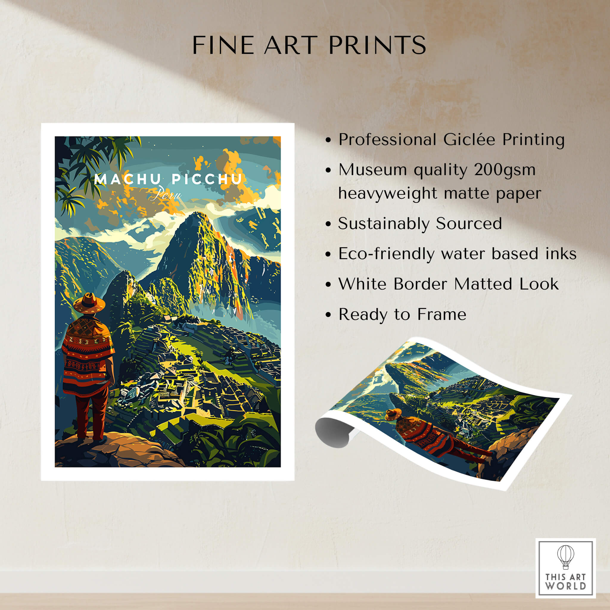 Machu Picchu Poster showcasing a traveler overlooking the iconic landmark with vibrant colors and rich details.