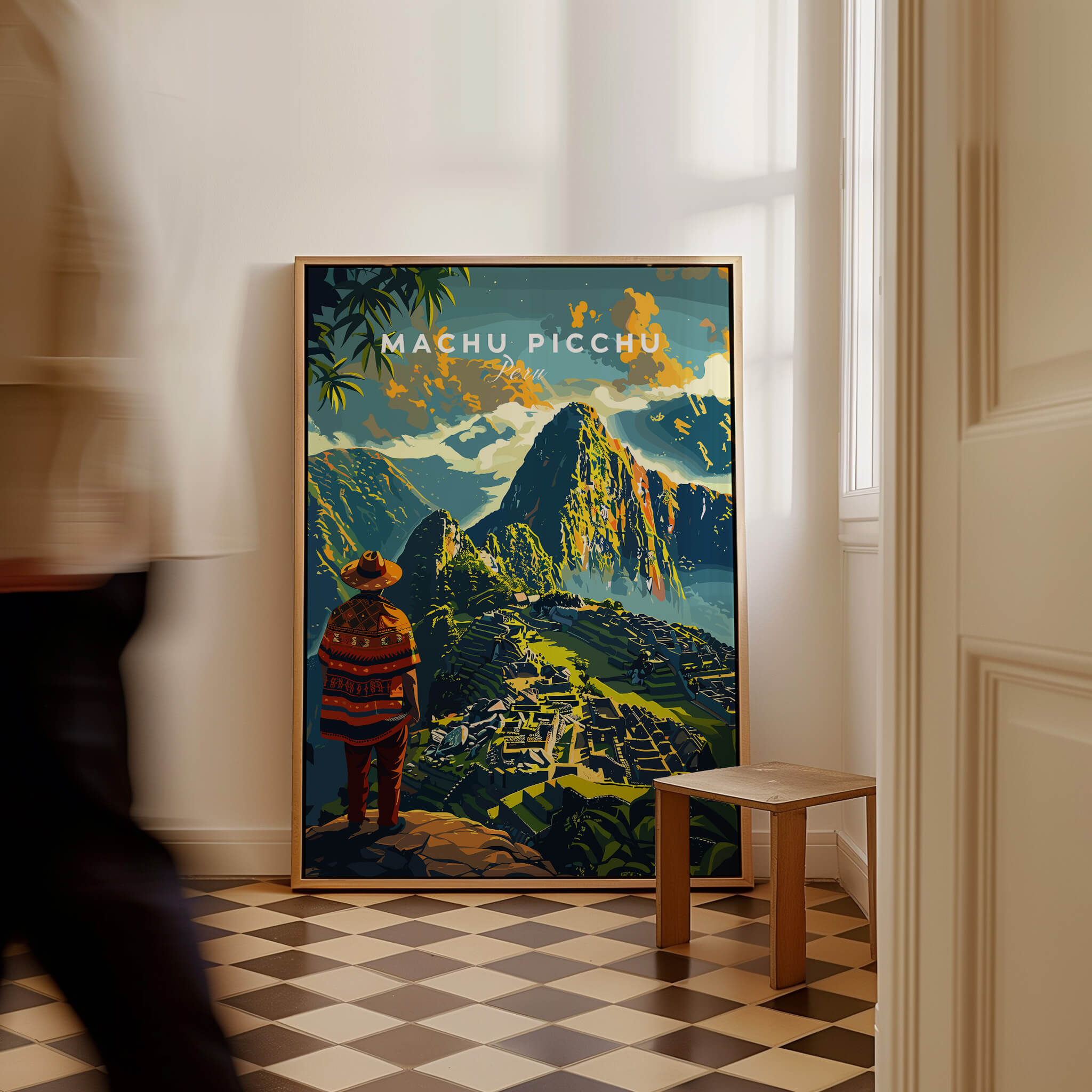 Machu Picchu Poster showcasing vibrant artwork of Machu Picchu, displayed in a stylish interior setting.