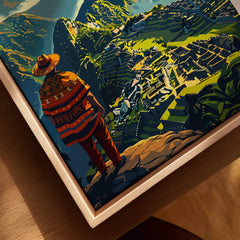 Machu Picchu Poster featuring a wanderer in traditional attire overlooking the ancient ruins and mountain landscape.