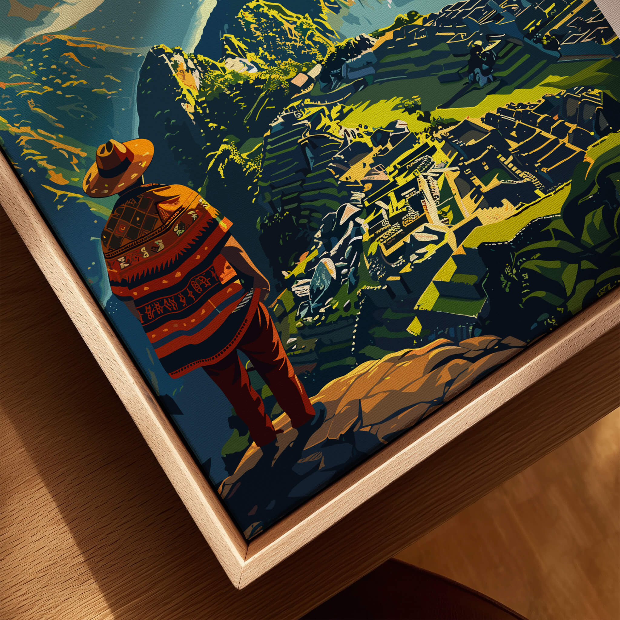 Machu Picchu Poster featuring a wanderer in traditional attire overlooking the ancient ruins and mountain landscape.