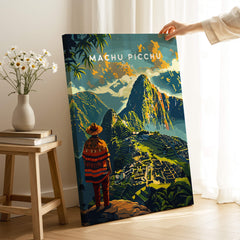 Machu Picchu Poster featuring stunning artwork of the iconic landmark with a traveler admiring the view.