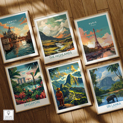 Machu Picchu Poster showcased among travel posters from Venice, Paris, Singapore, and Sri Lanka on a wooden surface.