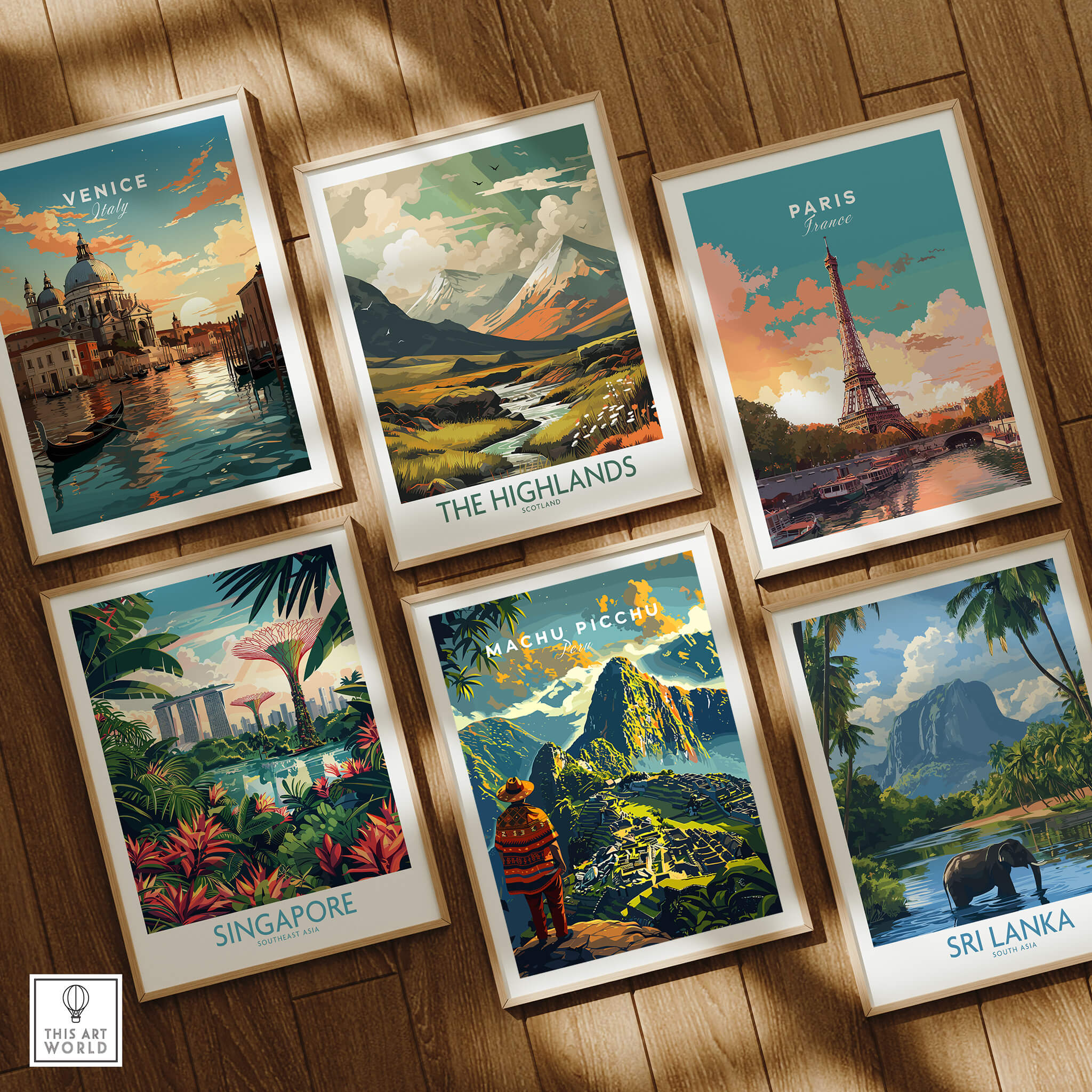 Machu Picchu Poster showcased among travel posters from Venice, Paris, Singapore, and Sri Lanka on a wooden surface.