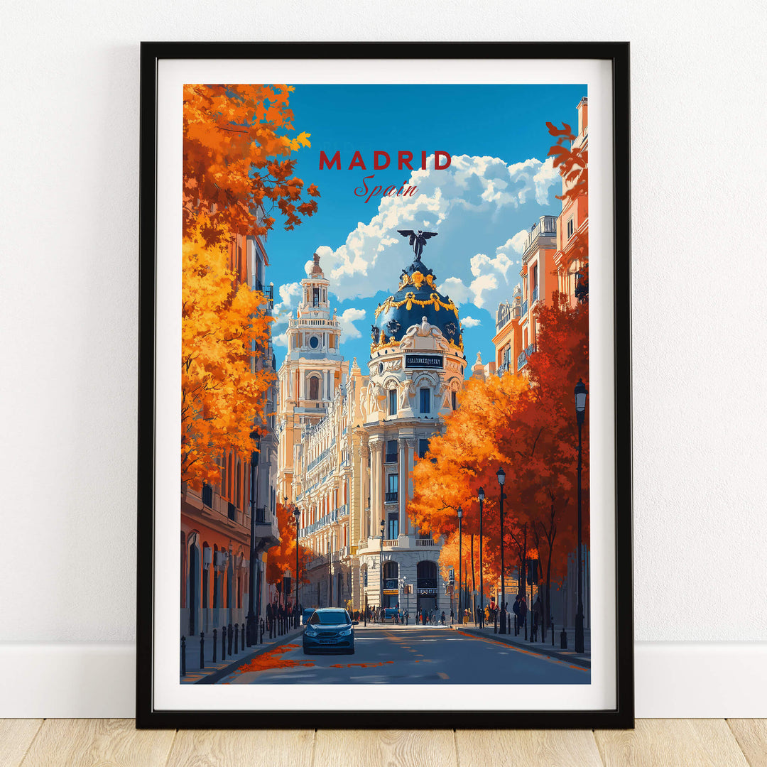 Madrid Travel Print featuring a vibrant autumn scene of Madrid, Spain, showcasing stunning architecture and fall colors.