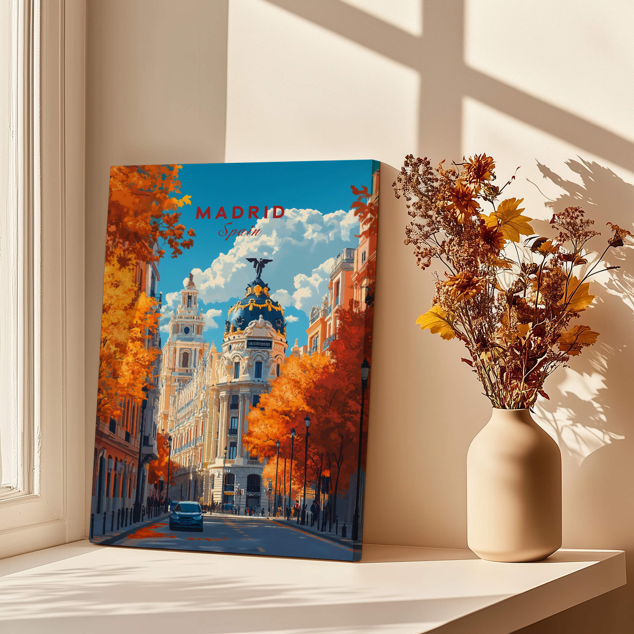 Madrid Travel Print showcasing vibrant autumn scene in Madrid, Spain, perfect for home decor and Spanish wall art.