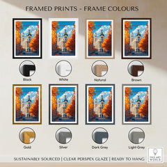 Framed prints of Madrid Travel Print in various frame colors: Black, White, Natural, Brown, Gold, Silver, Dark Grey, Light Grey.