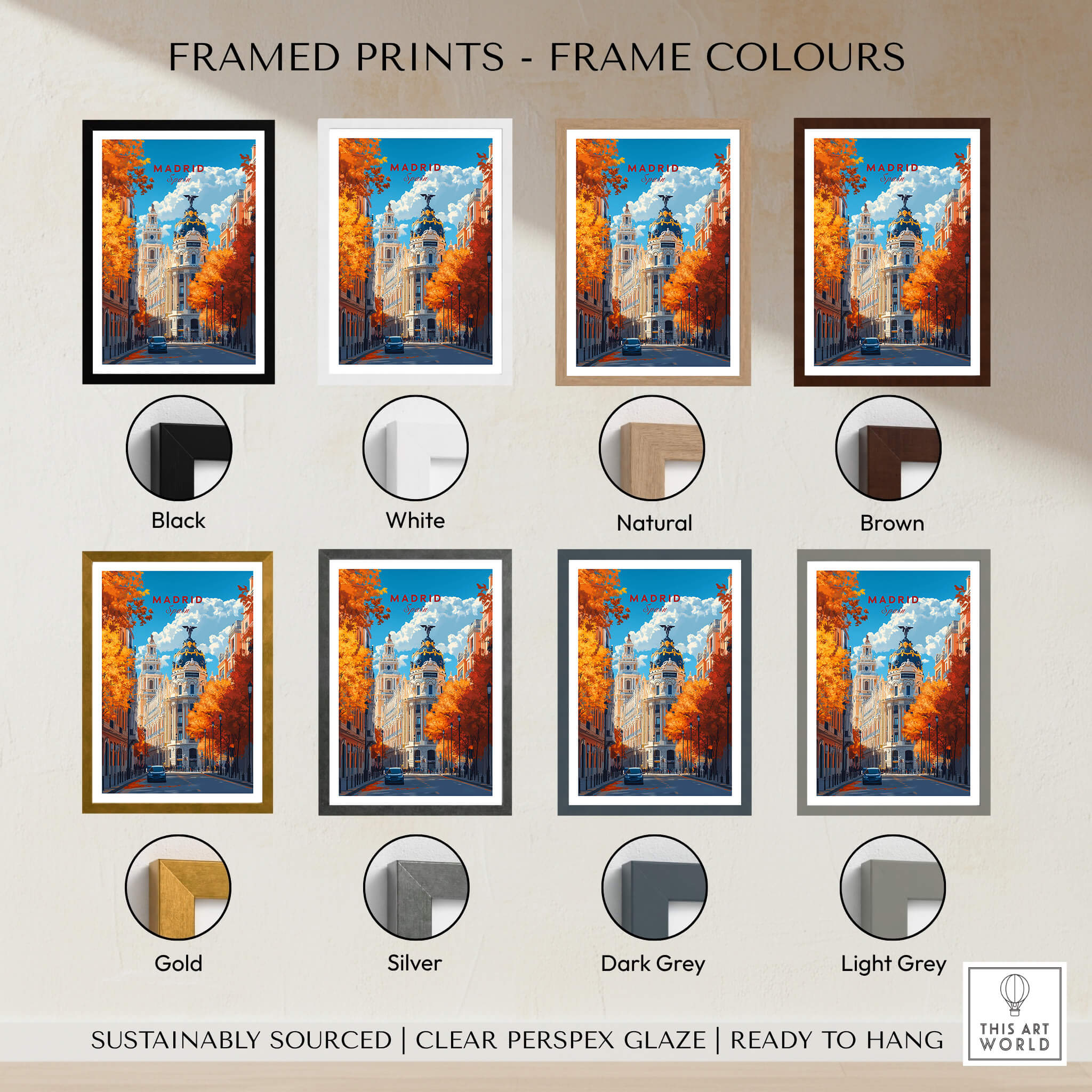 Framed prints of Madrid Travel Print in various frame colors: Black, White, Natural, Brown, Gold, Silver, Dark Grey, Light Grey.