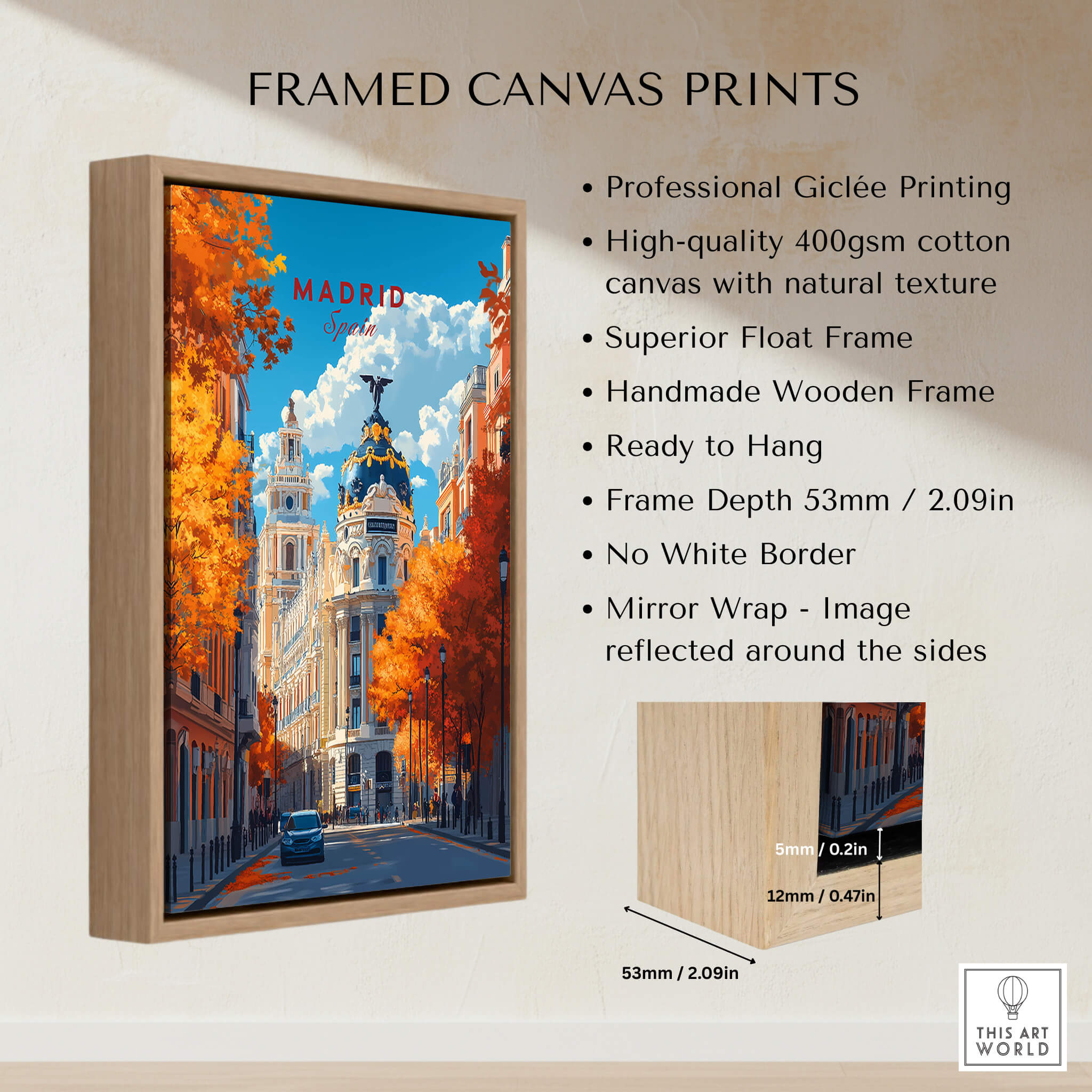 Madrid Travel Print framed canvas featuring autumn scene with vibrant colors and professional giclée printing.