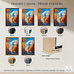 Madrid Travel Print framed canvas options in various colors including black, white, natural, brown, gold, and silver.