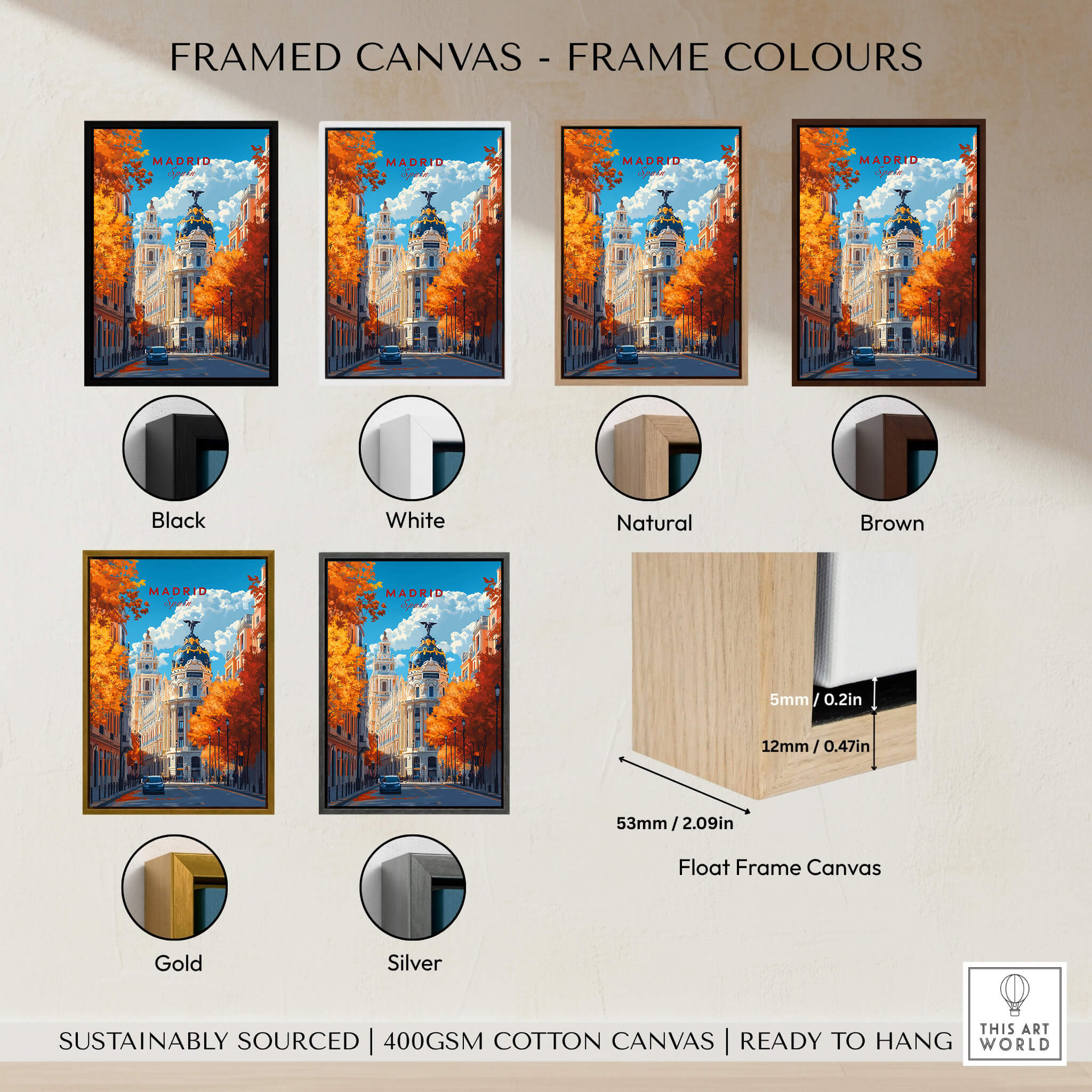 Madrid Travel Print framed canvas options in various colors including black, white, natural, brown, gold, and silver.