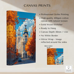 Madrid Travel Print showcasing vibrant autumn colors and iconic architecture, perfect for wall decor.