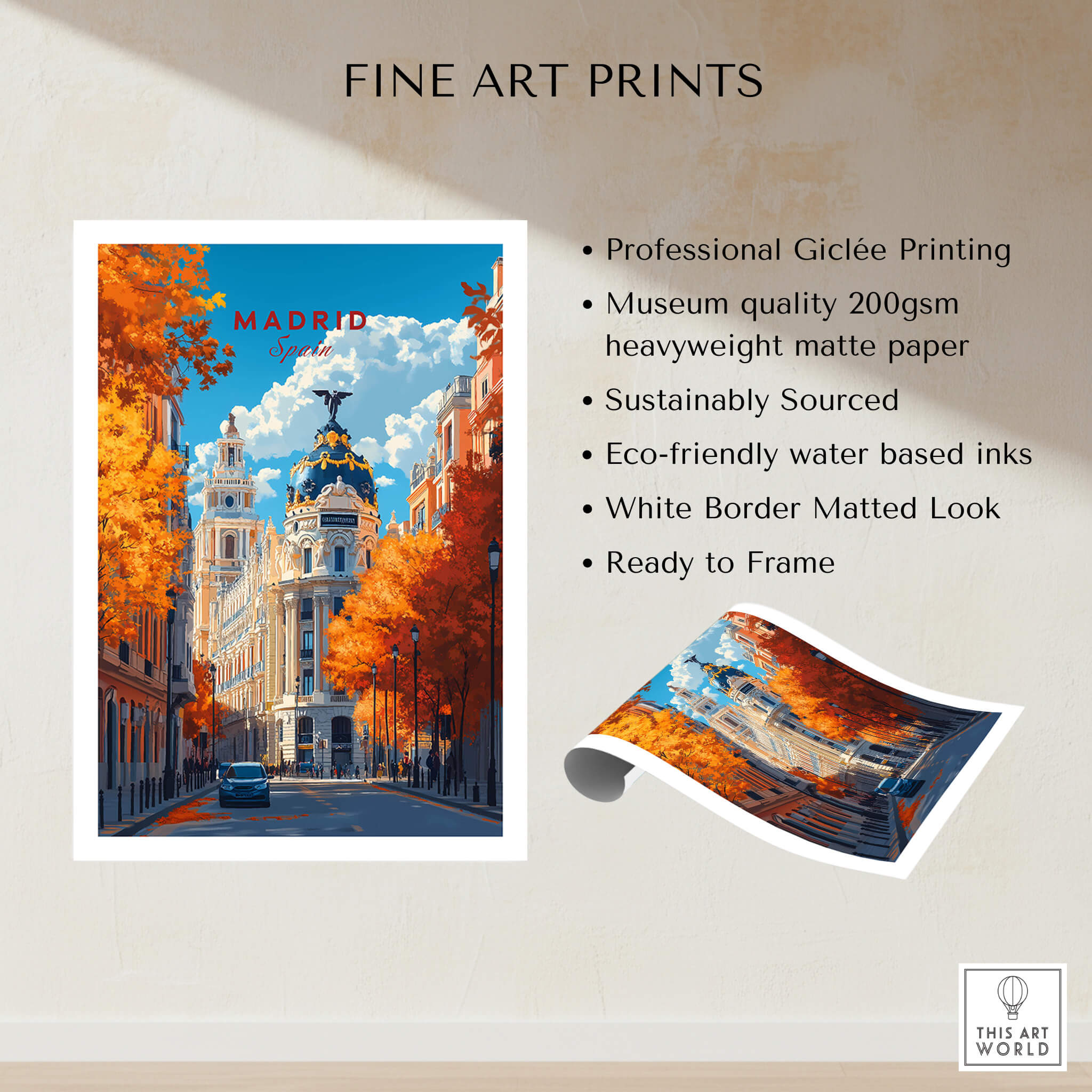 Madrid Travel Print featuring a vibrant autumn scene in Madrid with professional Giclée printing.